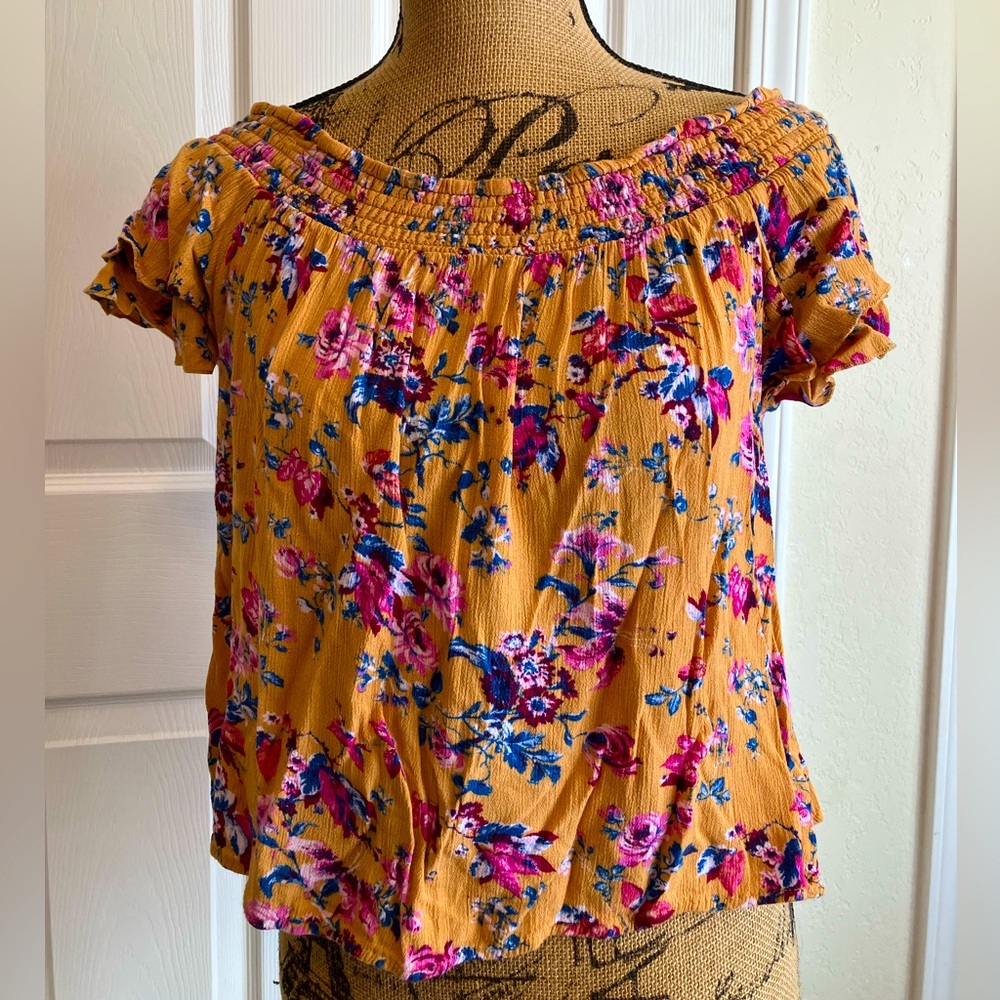 Pink Rose mustard Fall floral print off shoulder rayon flutter sleeve top S